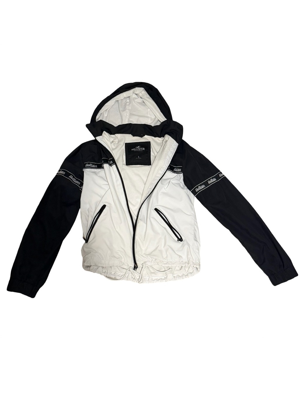 Hollister Hooded Windbreaker Jacket Black White Logo Tape Size S